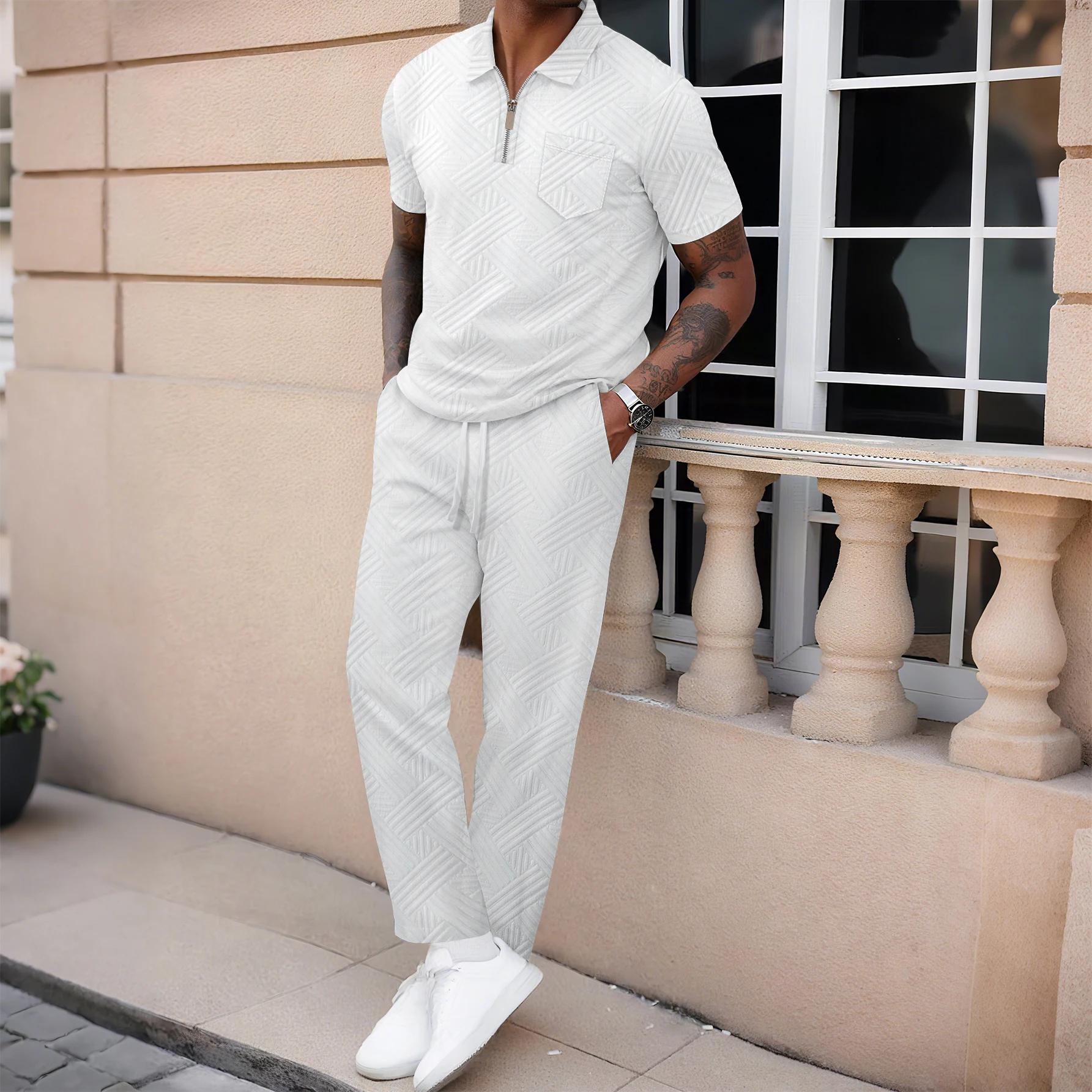 Men's casual short-sleeved T-shirt set Spring/Summer everyday street fashion with a collar and pocketed trousers two-piece