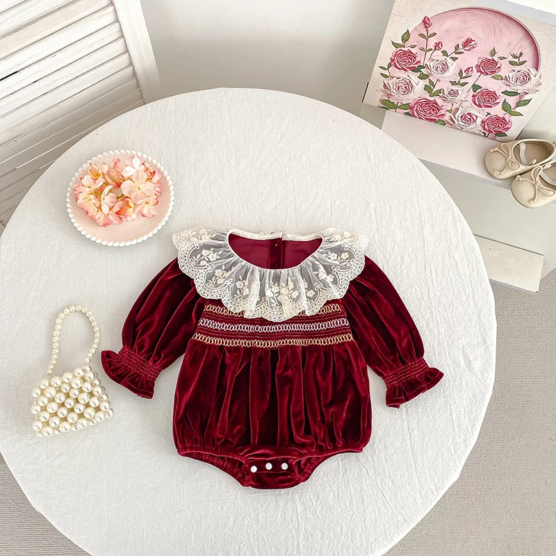 2026 Neu 0-24M Weihnachten Kleinkind Mädchen Roter Spitzen-Strampler Langärmeliger Baby-Mädchen-Jumpsuit Kinder Frühlingskleidung – Detail 5
