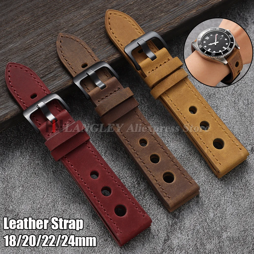Retro Porous Genuine Leather Crazy Horse Watch Strap 18/20/22/24mm for Samsung Galaxy Watch 7/6/5/4 Band for Omega Replace Belts