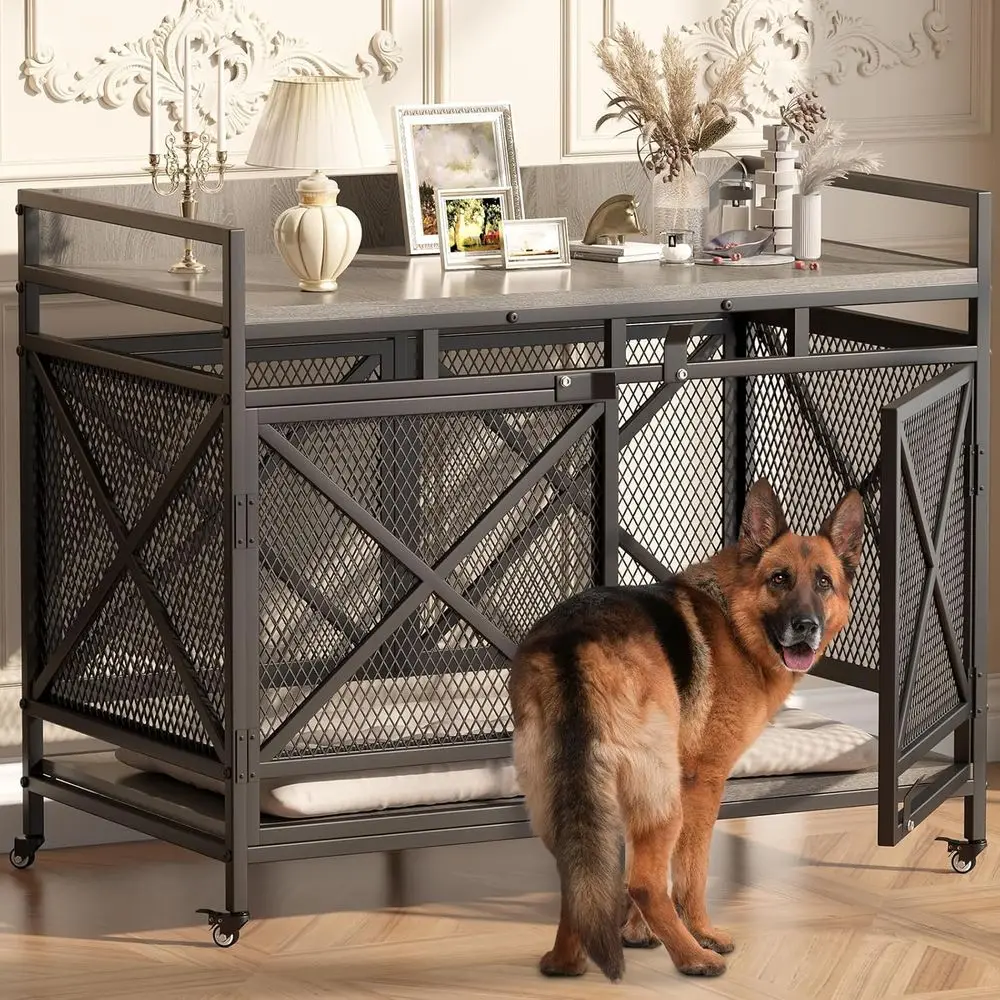 

Extra Large Wooden Dog Crate - 48 Heavy Duty Indoor Cage with Wheels & Decorative Pet Table, Textured Gray