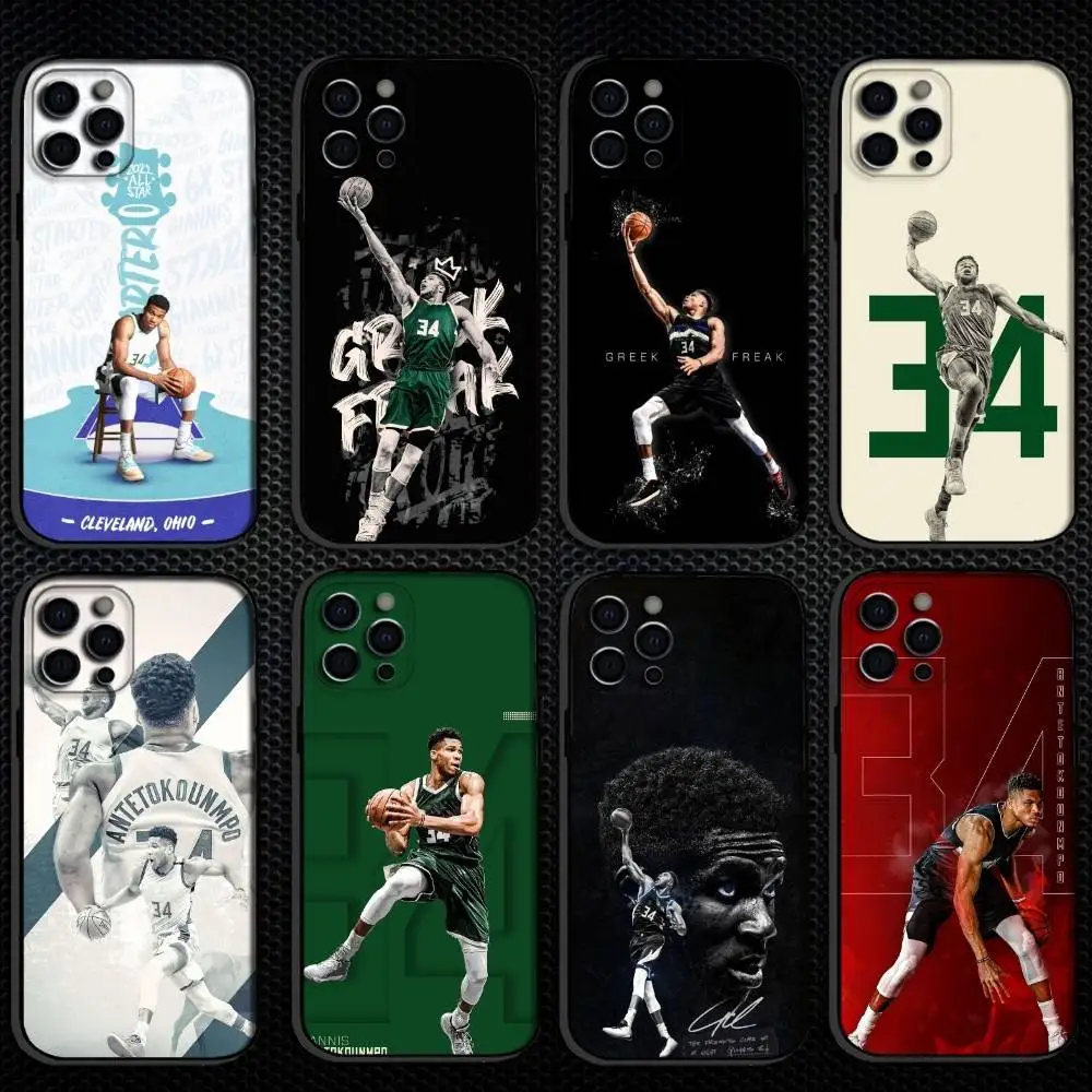 Funda de teléfono Basketball Greek Freak Giannis Antetokounmpo 34 para iPhone 16,15,14,13,12,11 Plus,Pro Max, otros cubierta negra suave