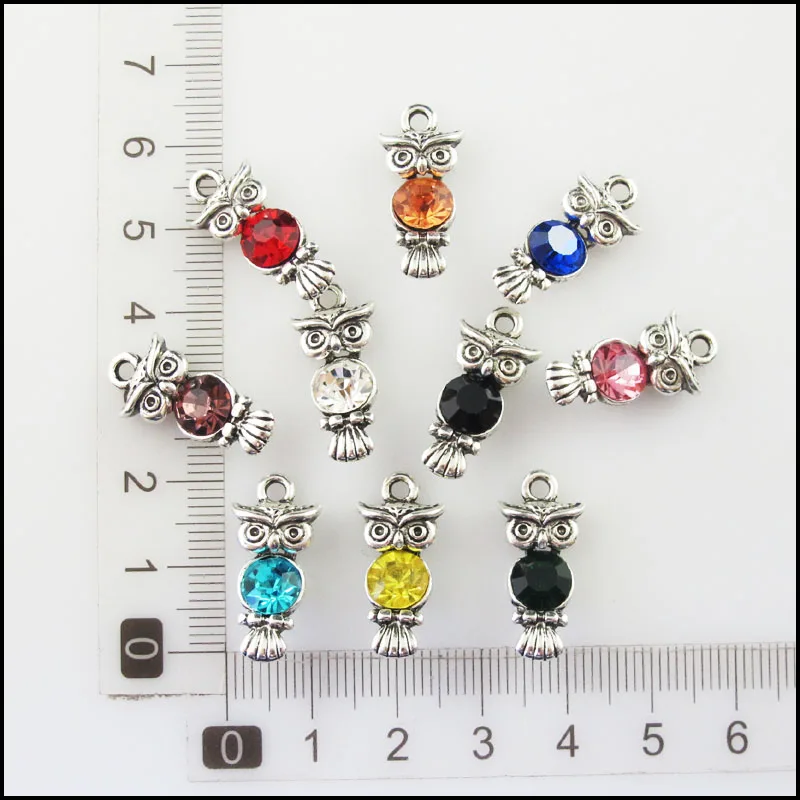 10Pcs Mixed Crystal Antique Silver Color Animal Owl Charms Pendants 10.5x22mm