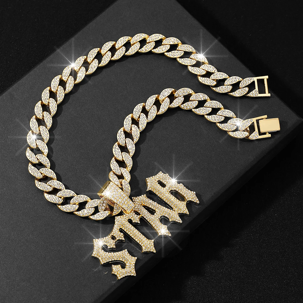 الهيب هوب الرجال قلادة مجوهرات مثلج خارج سبيكة رسالة ستار قلادة مع الكوبية ربط سلسلة التبعي #4