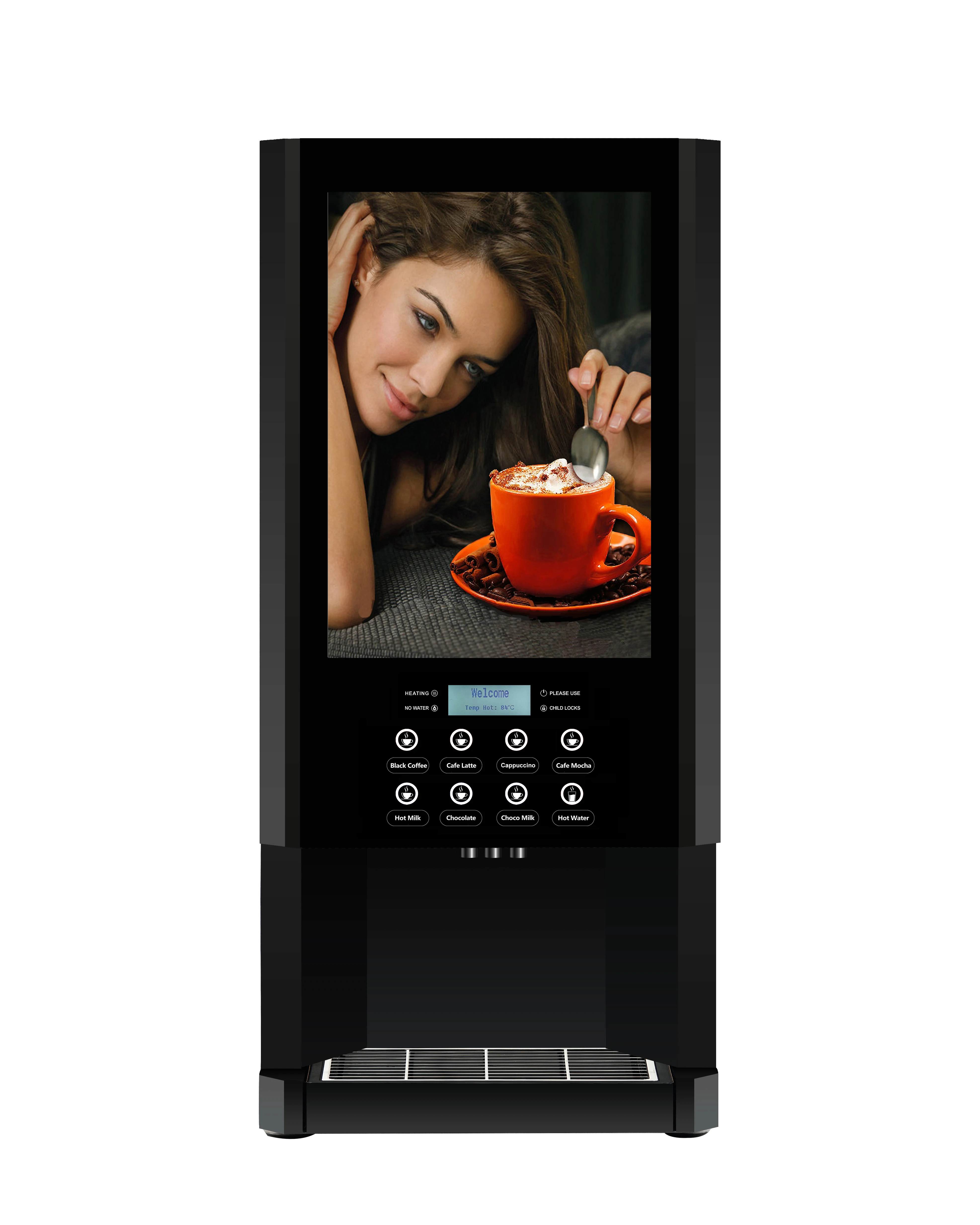 

E-308F Mixing Type Instant Coffee Vending Machine With LED Light Box Advertising 7 Hot Drinks And Hot Water