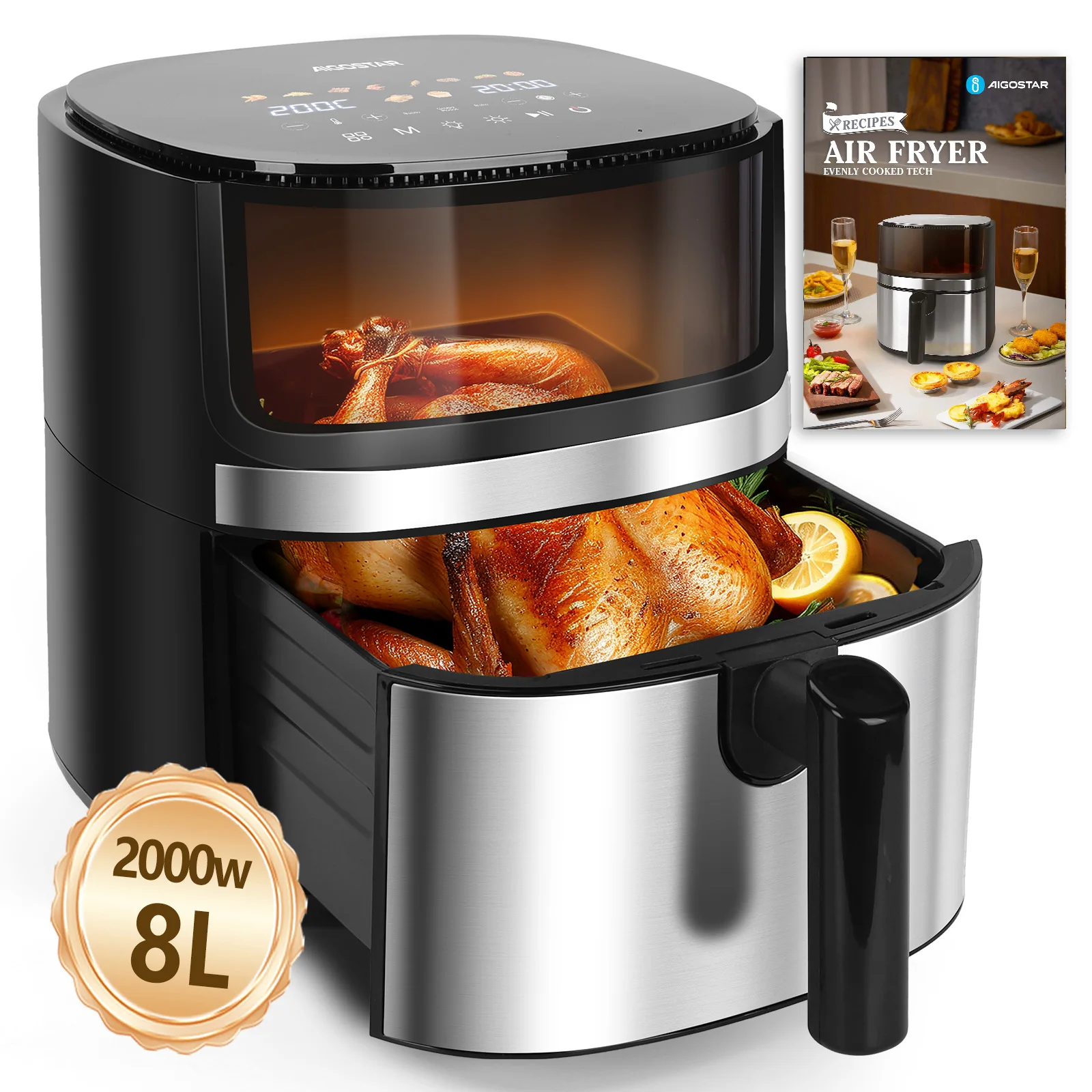 Aigostar Dual Blaze™ Heißluftfritteuse XXL, 8L Air Fryer 2000W mit Sichtfenster, 10 Programme, 3 Kochfunktionen, EvenlyCook, Sichtfenster, Digitalem Led Touchscreen, Spülmaschinenfeste Körbe