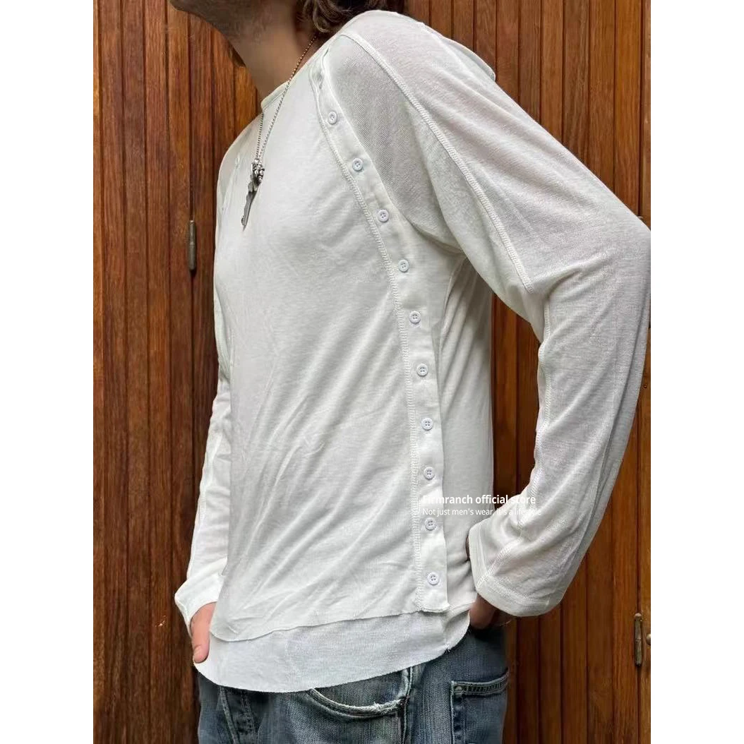 Firmranch Spring Summer Black And White Perspective Layering Double-shoulder Button Closure Long Sleeve T-shirt For Men Women