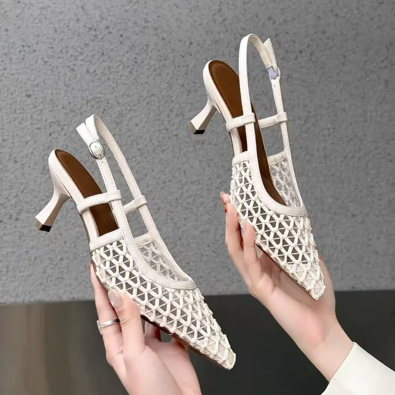 

Fashion Hollow Breathable Mesh Pointed Toe Stiletto High Heels Women Sandals 2026 New Summer Slingback Sandals Dress Woman Shoes