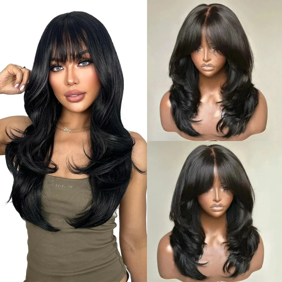 

Черный многослойный кружевной парик с натуральными волнами и челкой для женщин, без клея, синтетический, высокого качества, предварительно проработанный, готовый к использованию (пелука)