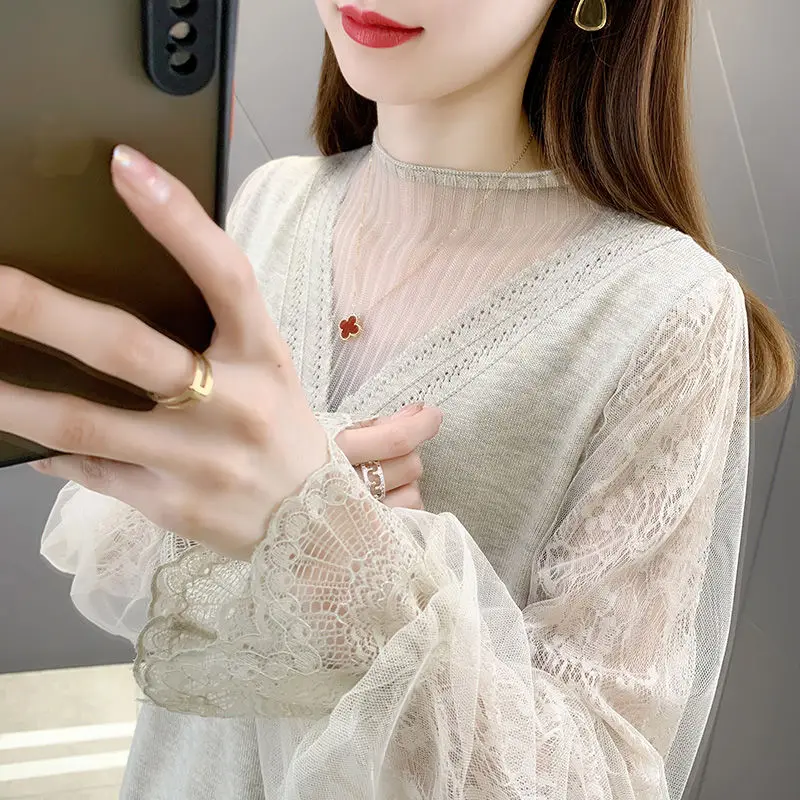 

Pullover sweater 2023 spring top sweater lace sleeve -sleeve pure -colored age -reducing knitted bottoming shirt female inside