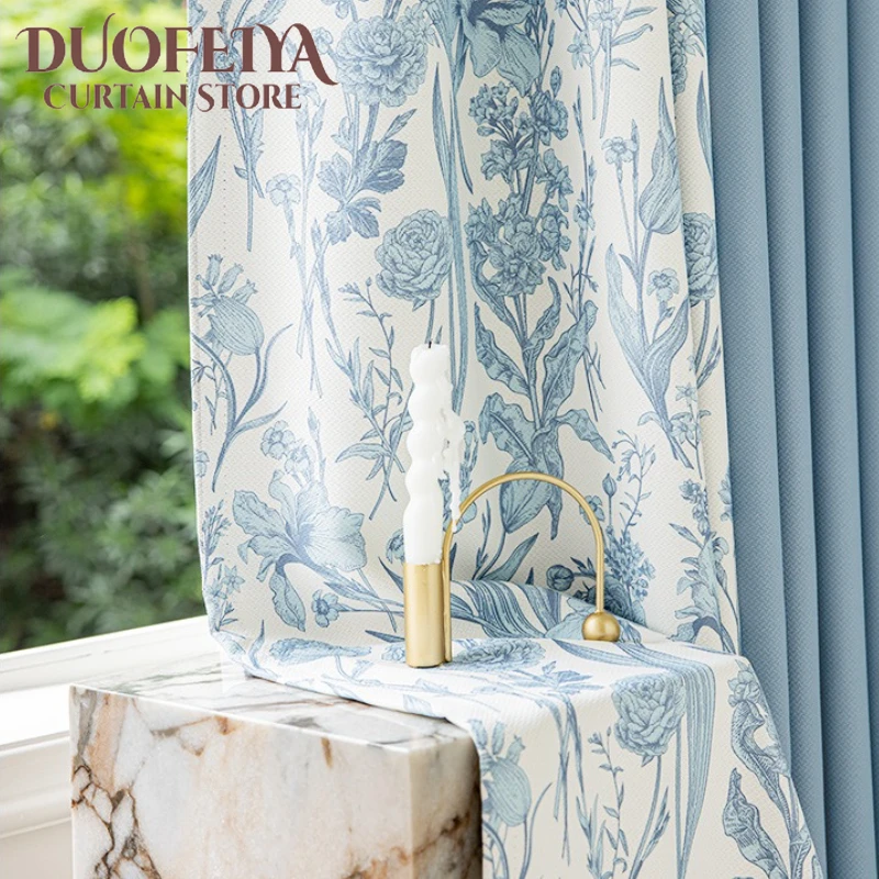 

Haze Blue Spliced Blackout Curtains Cotton Linen Thick Contrast Curtains for Living Dining Room Bedroom Custom Size Modern Decor