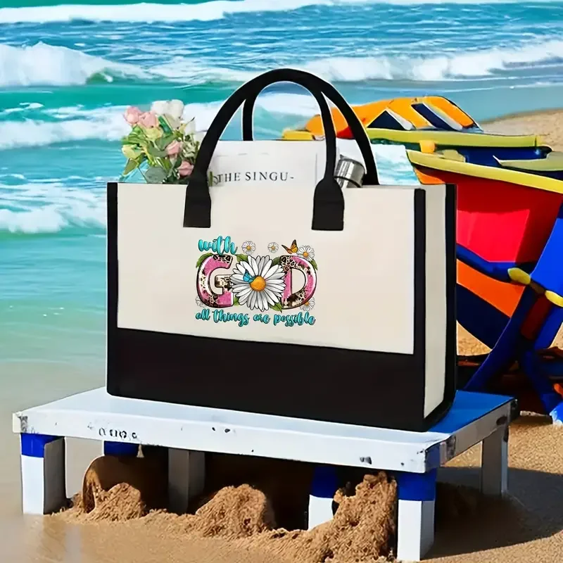 Большая сумка с принтом цветов и Бога, портативная холщовая сумка для покупок, большая вместительная сумка для путешествий, пляжного отдыха