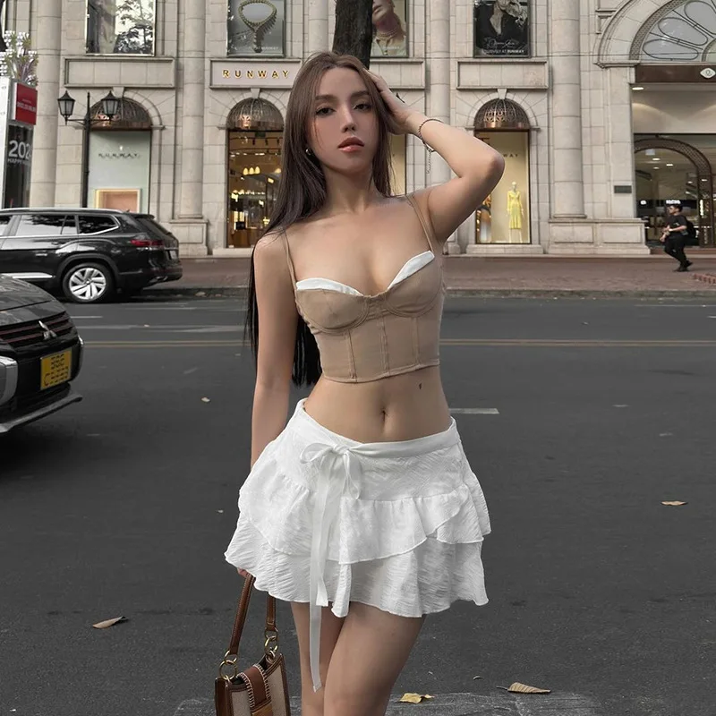 2024 ฤดูร้อนใหม่ผู้หญิงเซ็กซี่Backless Camisole Topอเนกประสงค์เอวสูงLace Upกระโปรงผู้หญิง