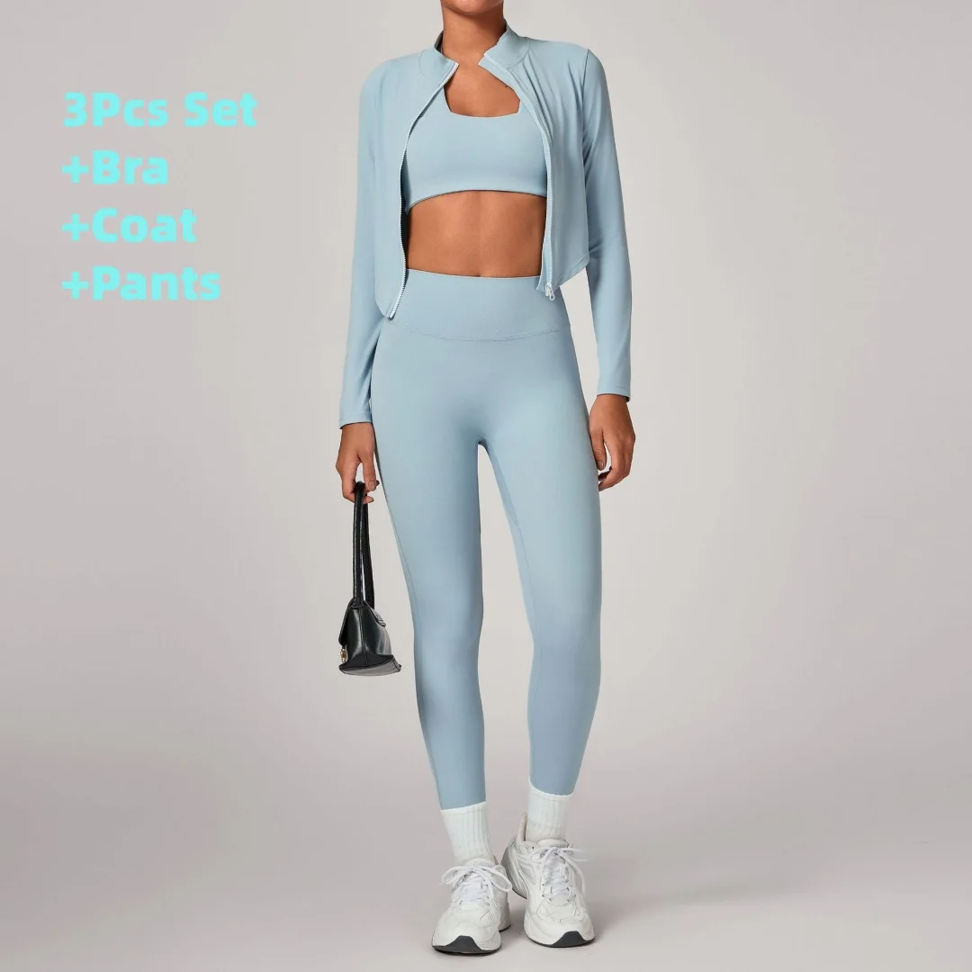 

3 шт., женская куртка на молнии с плотным воротником-стойкой, комплект для йоги, ветрозащитное тонкое теплое пальто, костюм для фитнеса, бег, тренировки в тренажерном зале, спортивный комплект для йоги