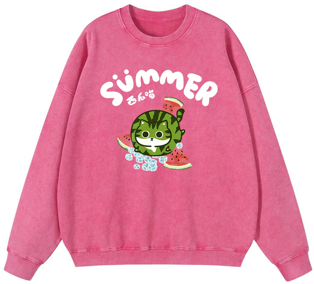 

Cats Eat Ice Cubes And Watermelons Woman Vintage Washed Cotton Sweatshirt Fashion Oversize Pullover Hoody Autumn Crewneck