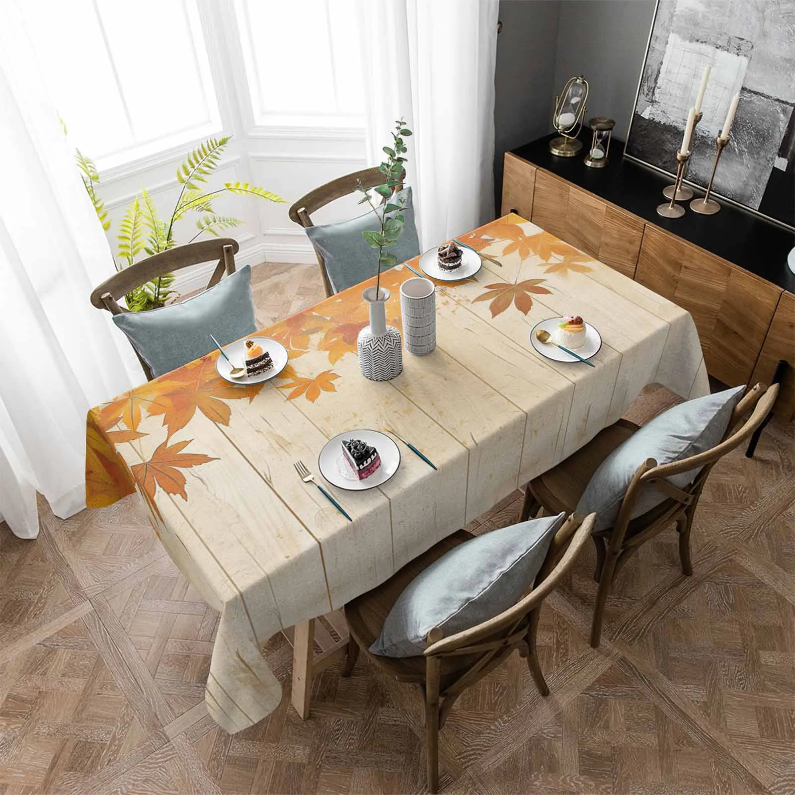 

Autumn Maple Leaf Wooden Board Tablecloth Waterproof Dining Table Rectangular Round Table Cover Home Kitchen Decoration