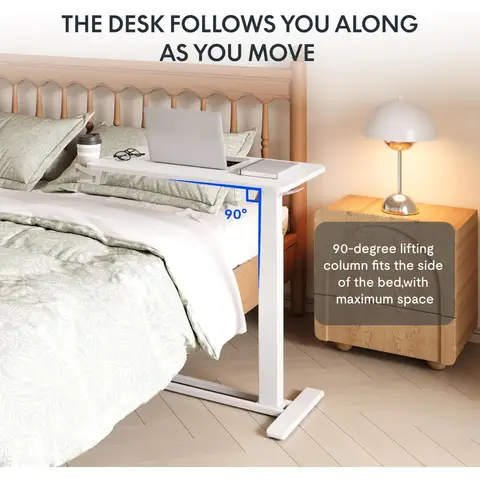 Mesa de cabeceira ajustável com rodas, mesa móvel pneumática para laptop, carrinho de computador móvel