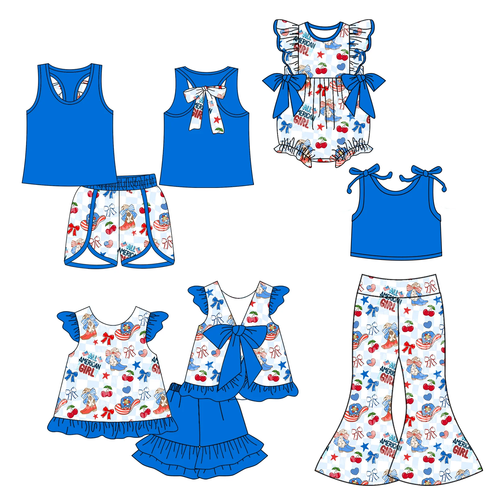 

Boutique children's suit sleeveless boots hat cherry bow print shorts girl suit bell bottom pants suit baby jumpsuit 4 piece set