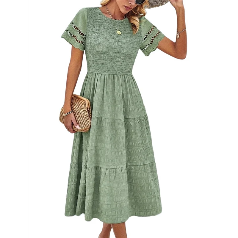 ABRT-robe Maxi découpée à col rond pour femme, couleur unie, élégante, printemps été