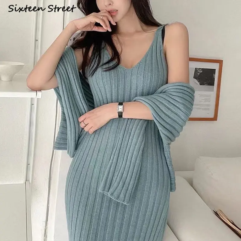 

Blue Chic 2 Piece Woolen Dress Women Striped Autumn Winter 2023 Soft Knitted Vestido 2023 Sexy Korean V-neck Knitwear Bodycon