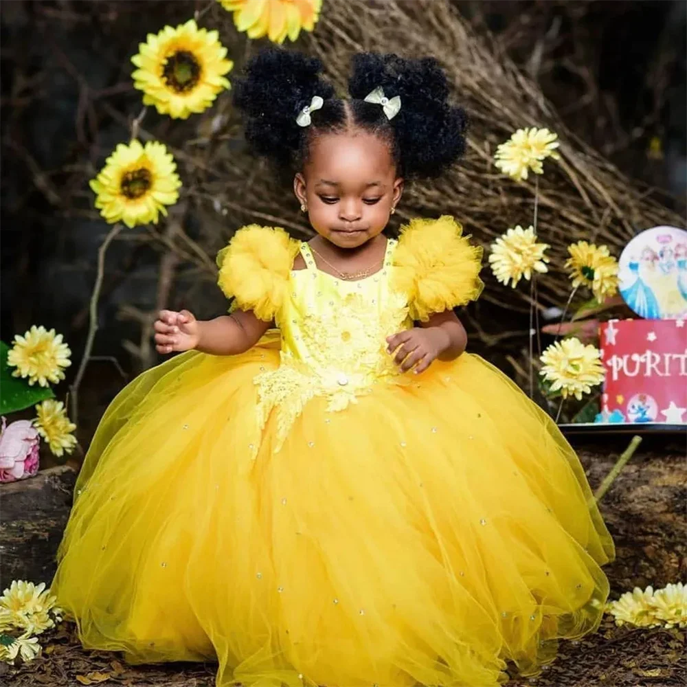 Gaun anak perempuan bunga tali spaghetti gaun pesta dansa mengembang kuning gaun resmi anak perempuan Applique punggung anak-anak