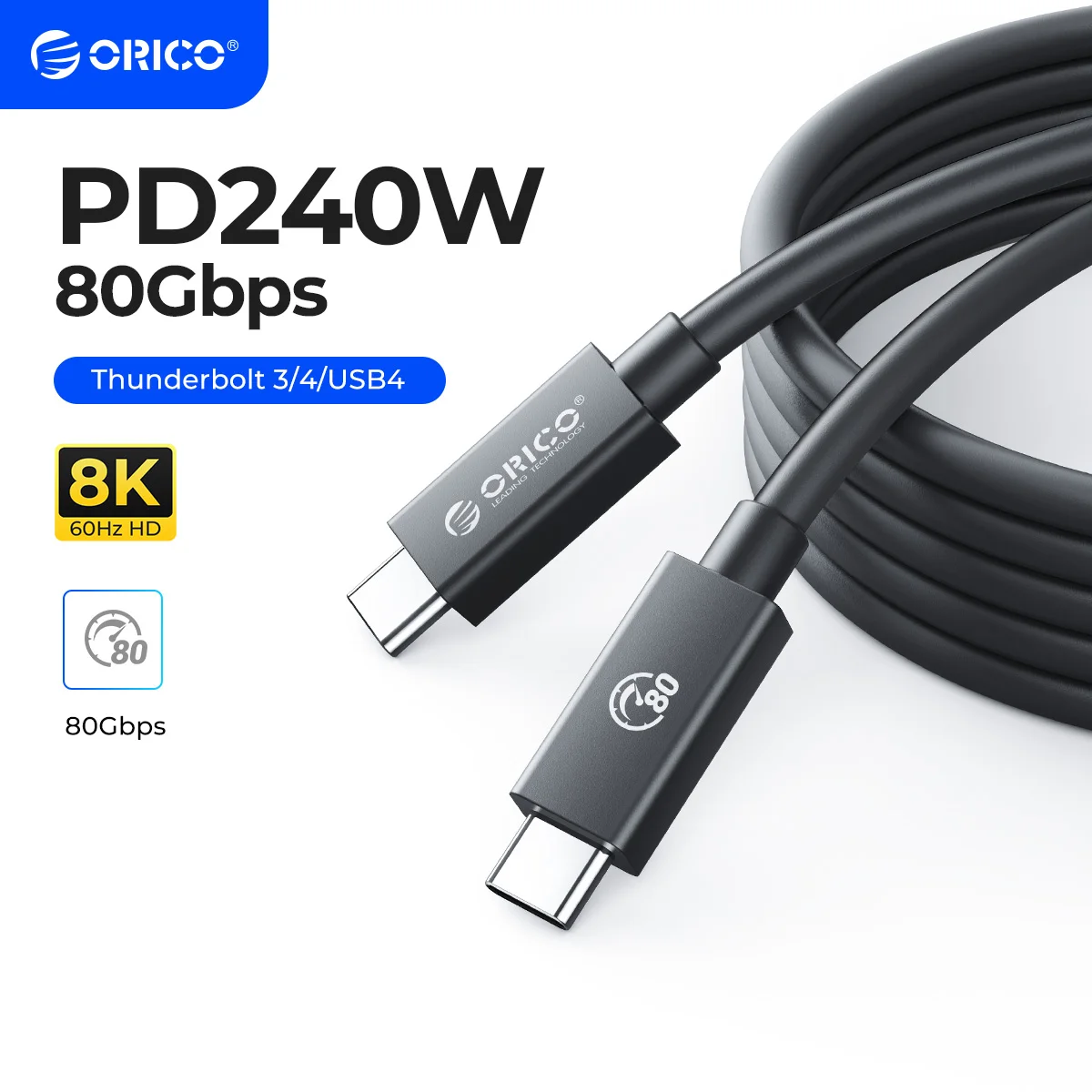 

ORICO 80Gbps Thunderbolt 5 Compatible Cable USB-C 2m 80Gbps~120Gbps 240W 16K for MacBook Pro 16/14 M4 Mac mini M4 Pro PSSD PS5