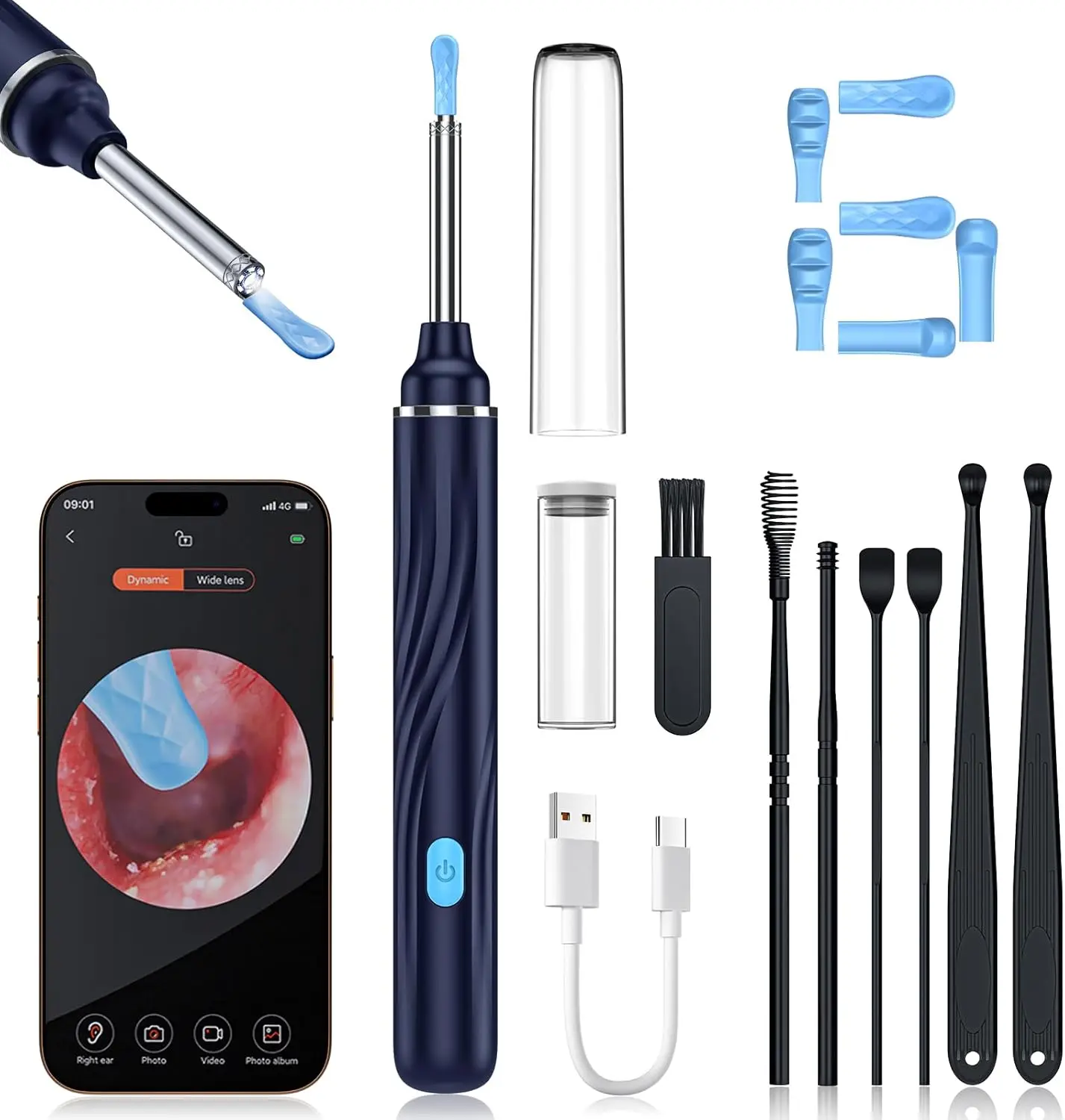 

1080P HD Ear Camera with 6 LED Lights and 6 Pcs Ear Pick Set for iOS & Android, Blue - Gentle Wax Removal Tool