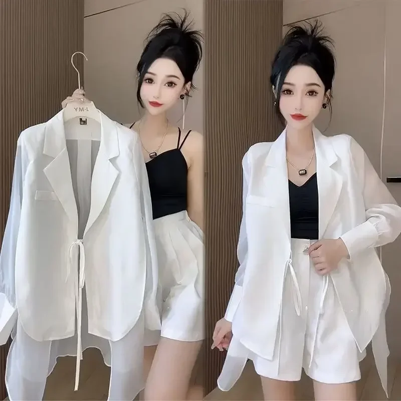 

Womens Short Pants Set Blazers and Shorts Suits for Women Clothes White Summer Loose Chiffon Full New Products Outfit Kit JJ63