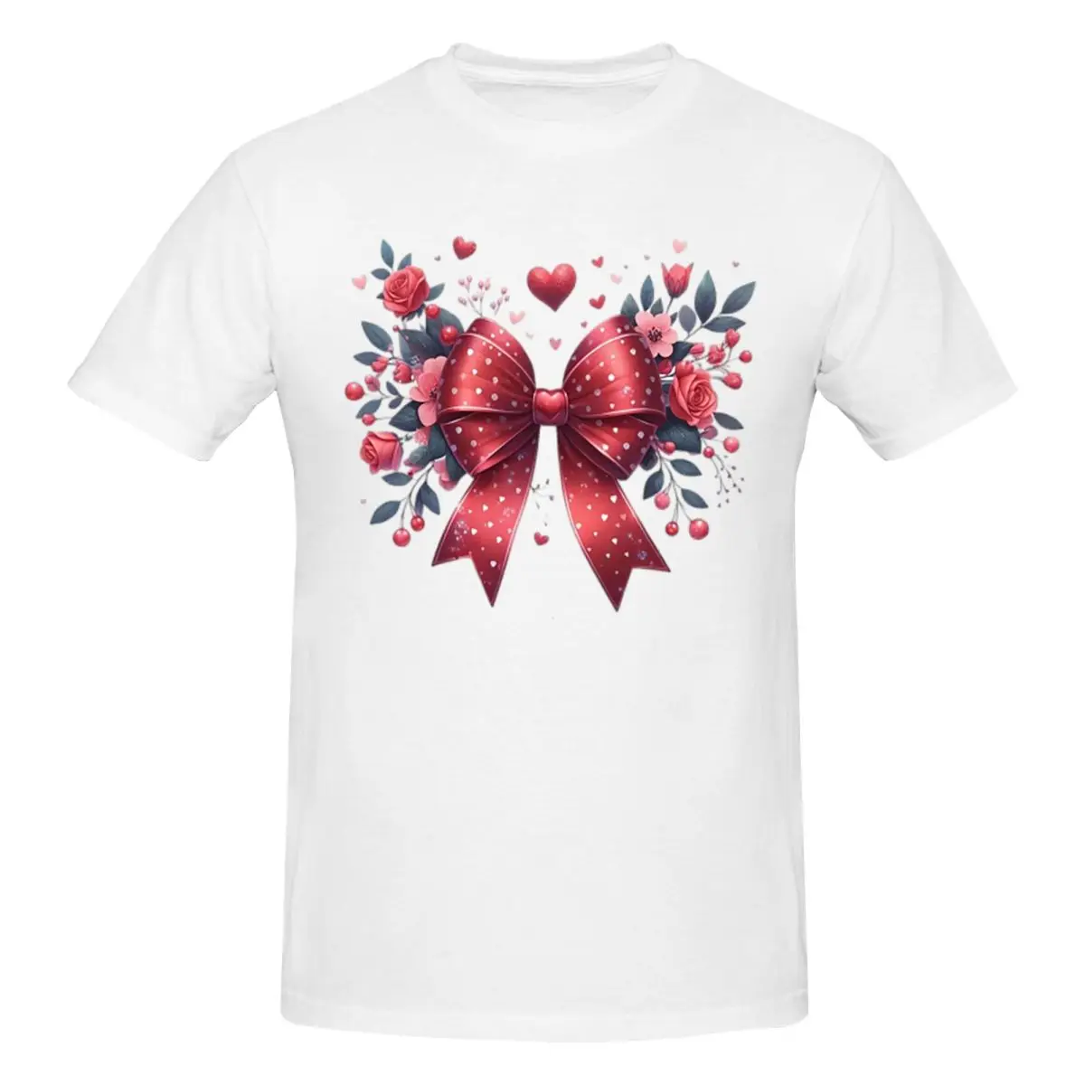 

Red And Pink Floral Coquette Bow Men T-Shirt Classic Plus Size T Shirts Men's Round Neck Cotton Tees Short Summer Male