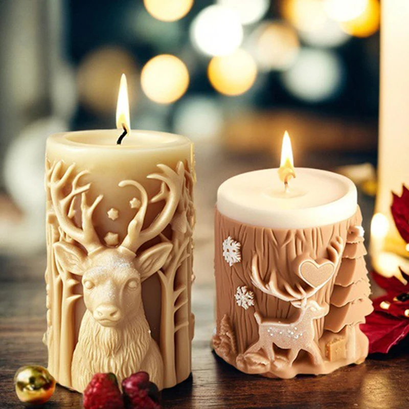 New Christmas Tree Carving Pattern Cylindrical Candle 3D Silicone Mold Reindeer Snowflake Cylindrical Elk Candle Mold Xmas Gift