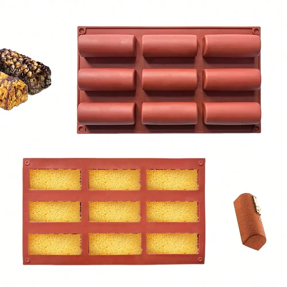 9 Cavities Silicone Roll Mold,Reusable Nonstick Log Shape Baking Mold for Mini Swiss Rolls,Chocolate Desserts,Candy and Pastries