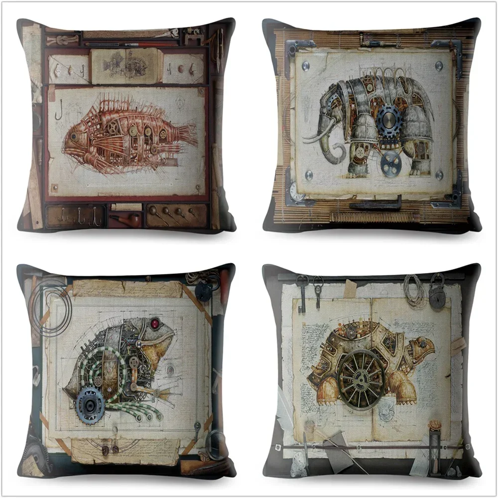 Steampunk Mechanical Animal Cushion Covers Home Decoration Pillow Case Sofa Dog Cat case Linen  Cover 45*45cm
