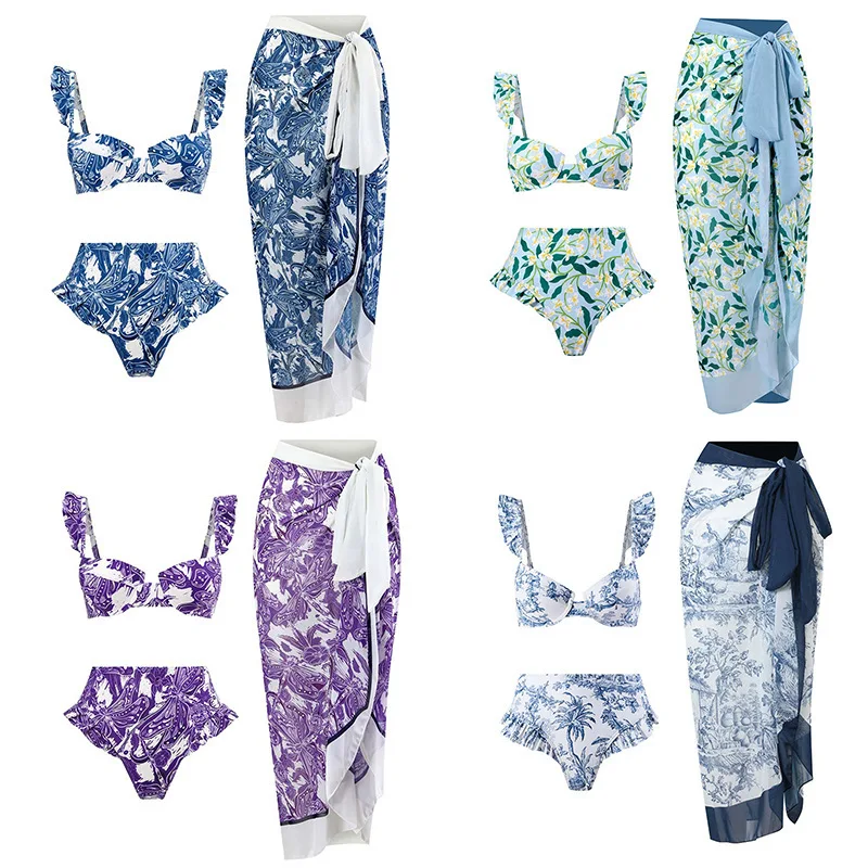 

Купальник-бикини из трех частей с принтом, юбка для термальных источников, повседневный купальник, женский, из полиэстера, с подкладкой на груди