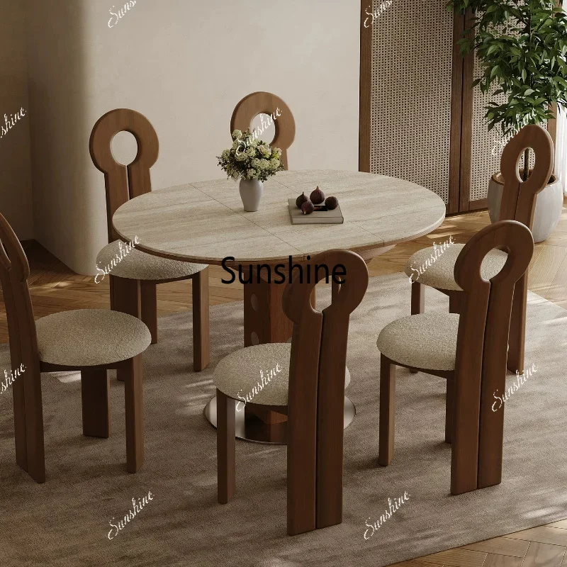 Travertine rock slab retractable dining table variable round table French retro multi-functional foldingTJ
