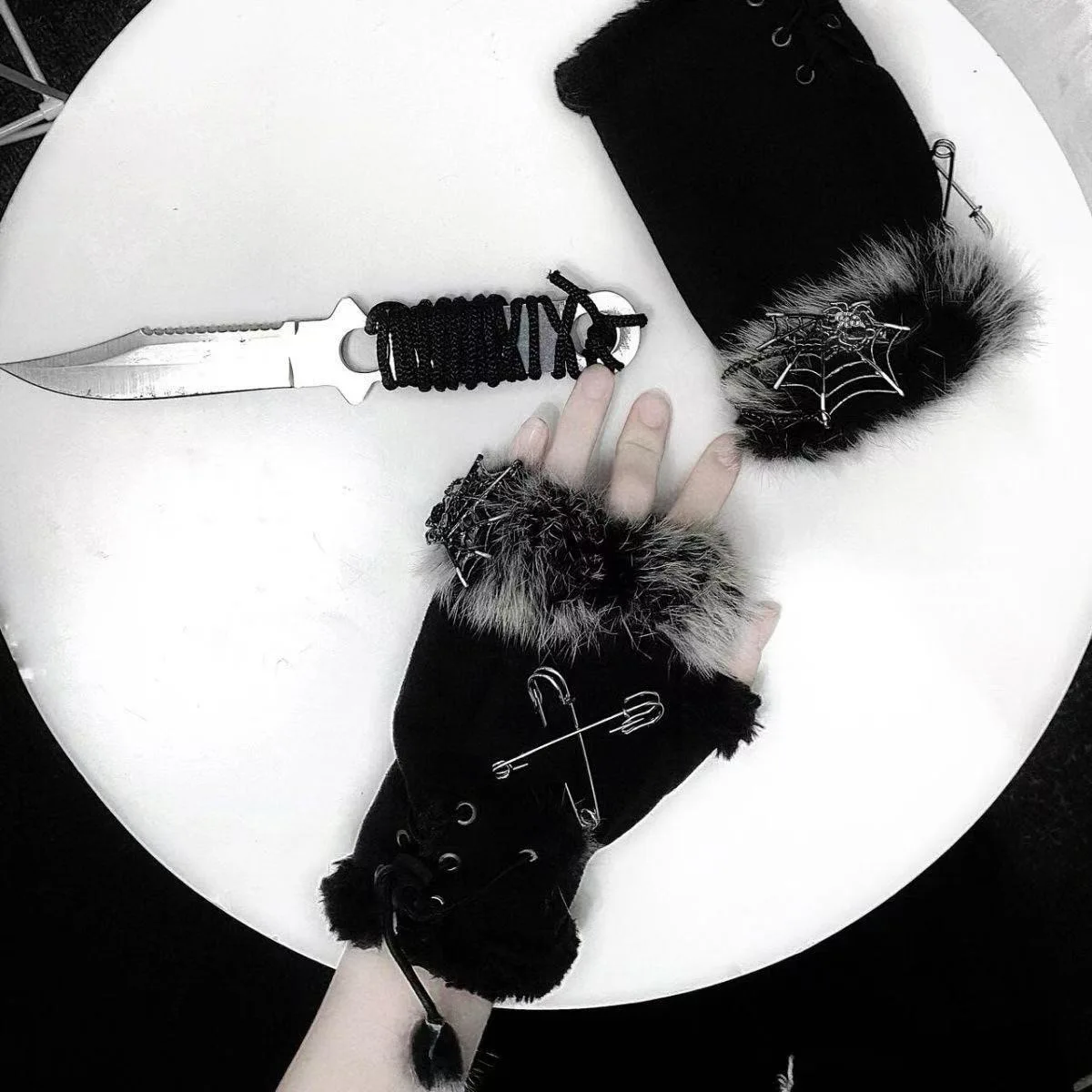 Punk Black Gloves  Plush Thick Warm Women Fingerless Gloves  Wrist Strap Hip-hop Party Cosplay Sexy Glove