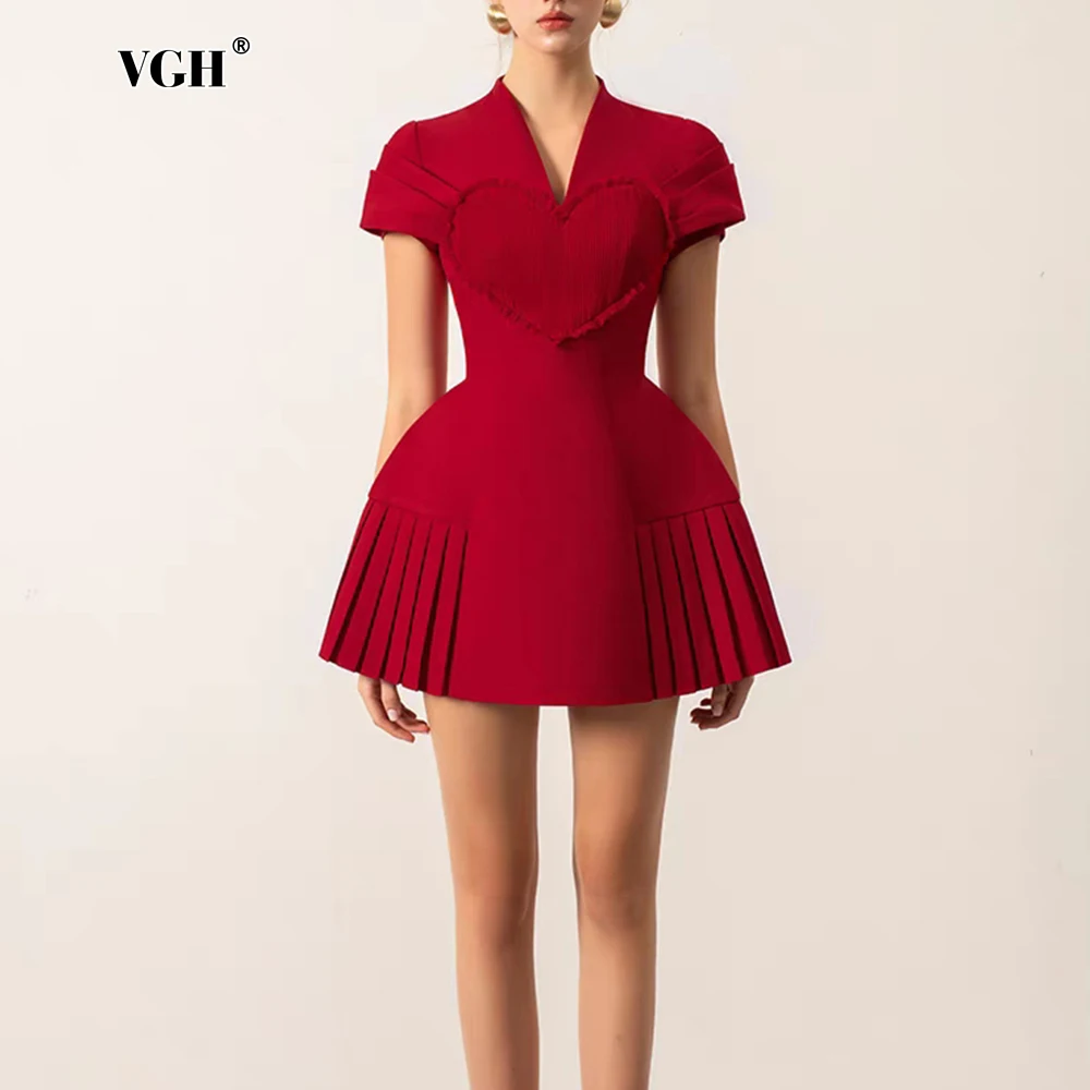 

VGH Elegant Solid Spliced Folds Slimming Dresses For Women V Neck Short Sleeve High Waist Temperament Mini Dress Female Fashion