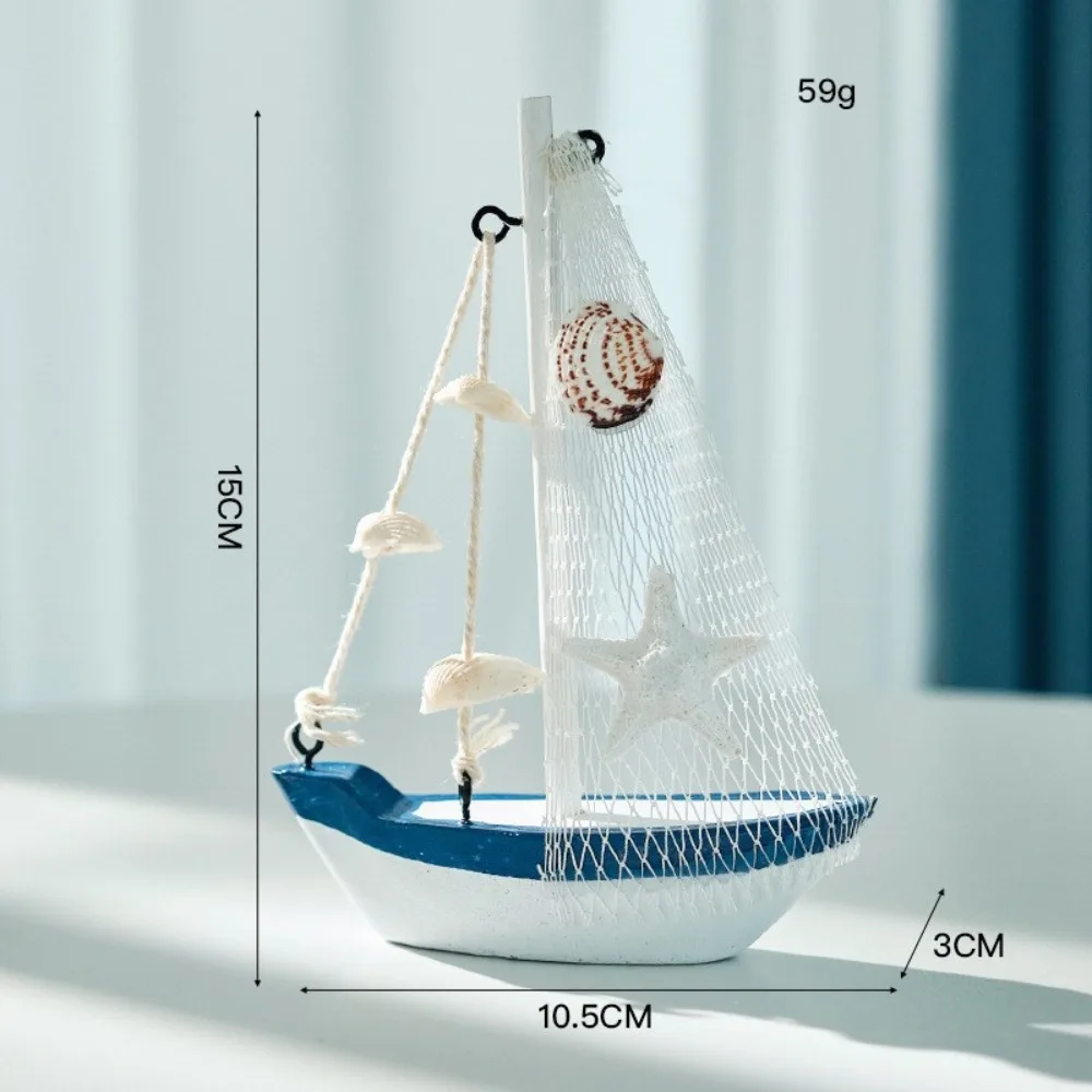 Mediterranean Style Sailing Boat Model Handmade Fishing Net Accent Wooden Ship Ornament Miniature Size Wooden Nautical Decor