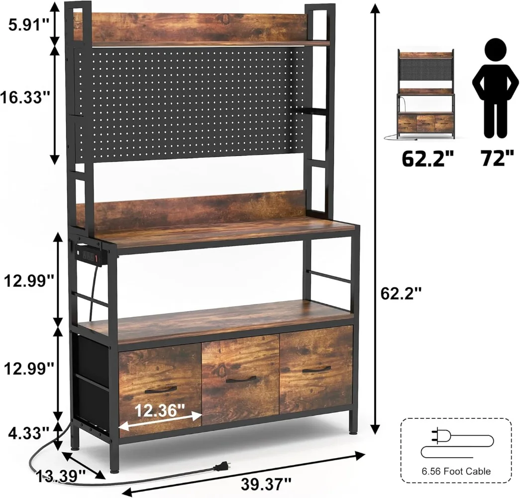 Bakers Rack with Power Outlet,5-Tier Kitchen Microwave Stand with pegboard, Coffee Bar with Basket and Hooks, Open Storage Shelv