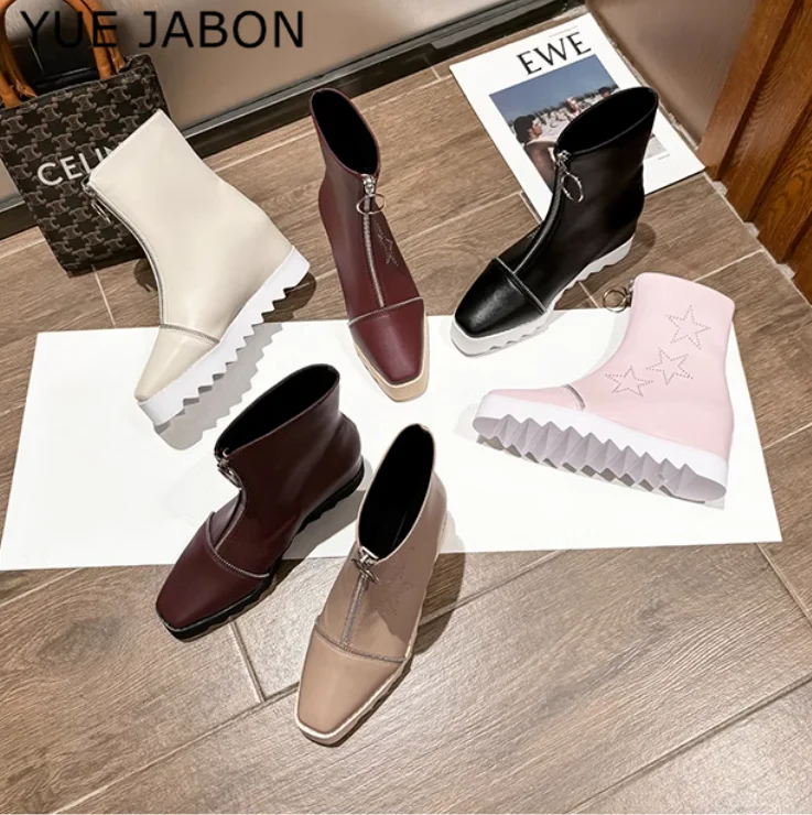 White Autumn High Platform Sneakers Height Increasing Women Thick Sole Ankle Boots Real Leather Wedge Winter Casual Stars Shoes