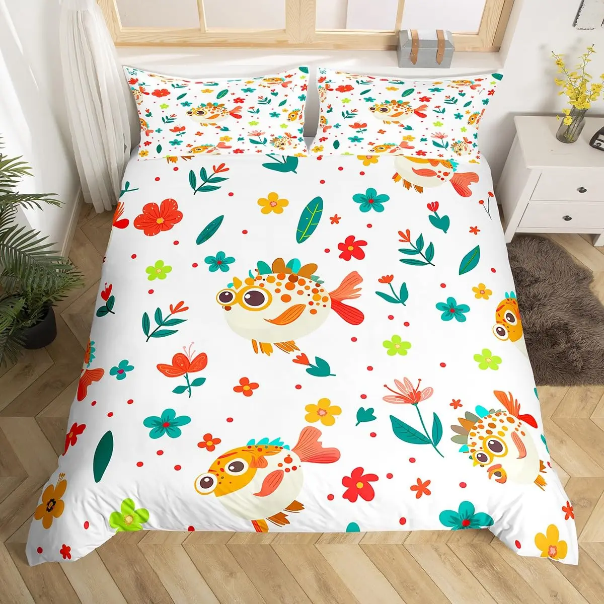 Axolotl Duvet Cover King Queen Cartoon Animal Flowers Bedding Set Microfiber Comforter Cover Colorful Floral Leaves Quilt Cover