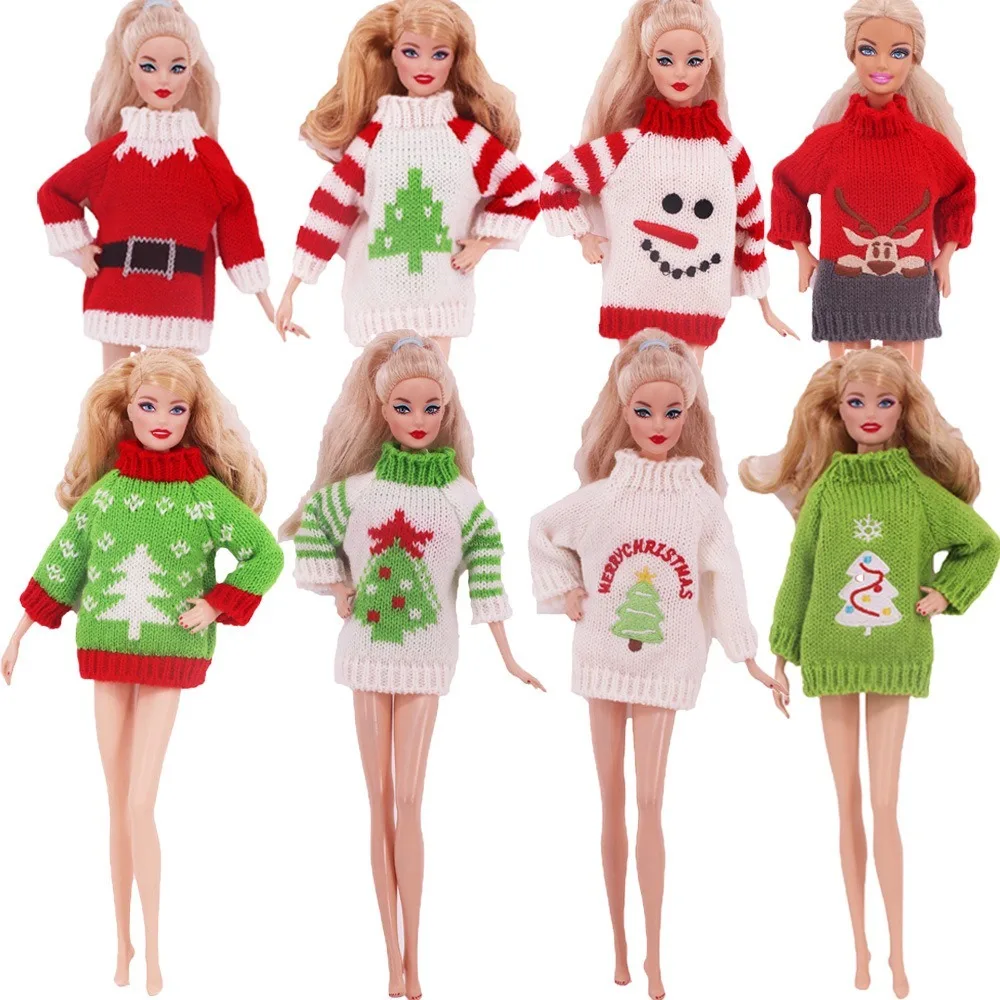 Winter Sweater For Barbie Dolls Plush Christmas Tree Pattern Doll Clothes Elf Toy Accessory Warm Knitted Clothes Birthday Gifts