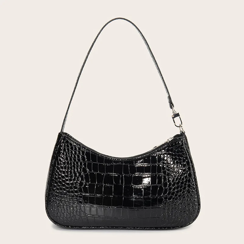 Classic Black Women\'s Underarm Solid Color Shoulder Bag Single Strap Croc Leather Zipper Pocket French Elegant Style Wholesale