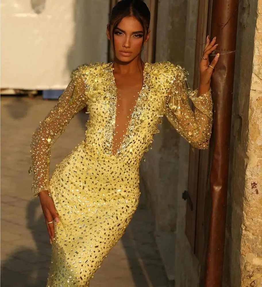 

Sparkle Mermaid Evening Dresses Deep V Neck Crystals Banquet Dress Custom Made Beading Long Sleeves Party Gown