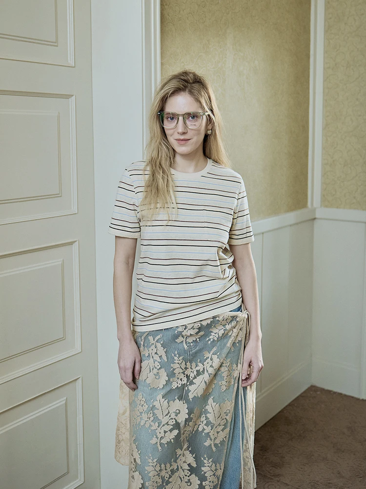 

Женская модная трикотажная футболка из длинноволокнистого хлопка с круглым вырезом, в полоску, с цветовыми блоками, повседневная, весенняя, с эффектом омоложения