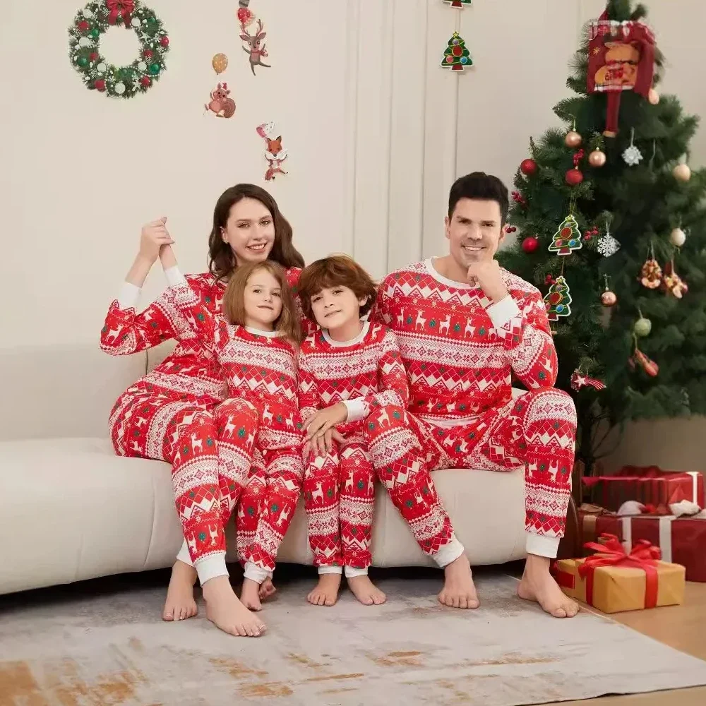 2024 Winter Christmas Family Matching Clothes Cartoon Allover Print Casual Soft Lounge-wear Parent-child Pajamas Set Xmas Gift