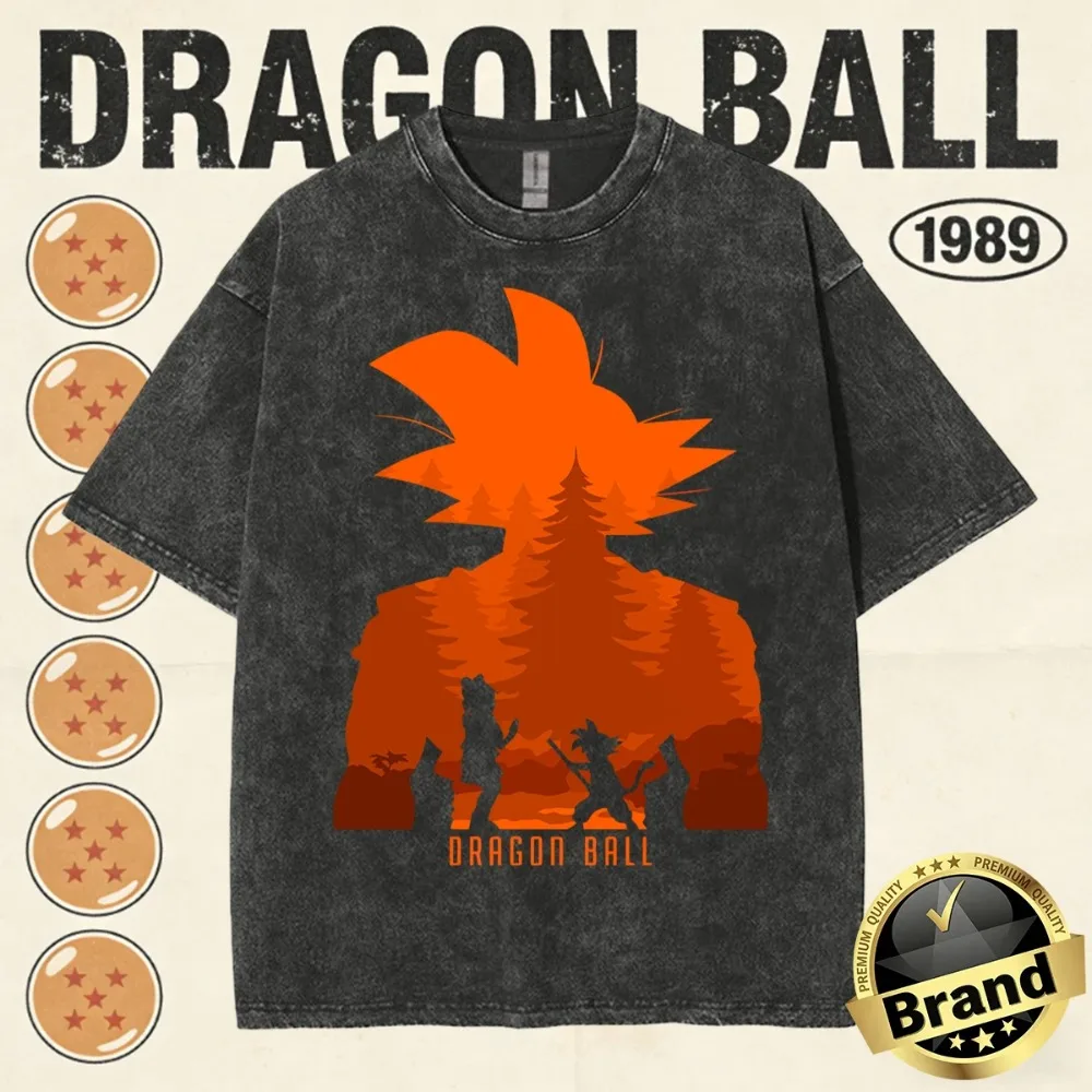 2026 Sommer Dragon Ball Herren Vintage Washed T-Shirt aus 100% Baumwolle mit nostalgischem Print, Heavyweight Streetwear, Familien-Matching Y2K Oberteile