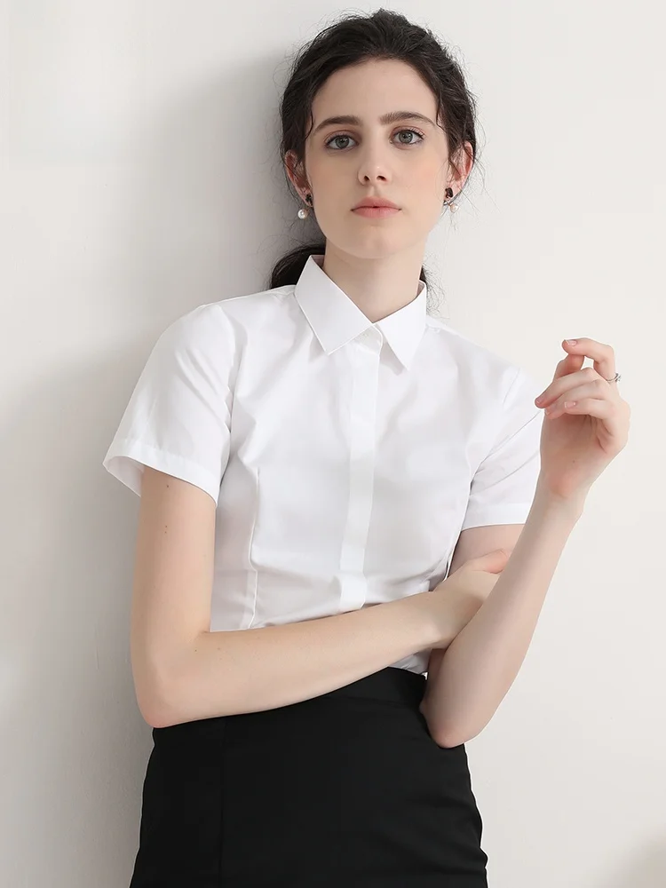 White Formal Shirt Women's Short Sleeve Summer 2026 Lomond Blue Interview Workwear Shirt Moisture Wicking Anti-Wrinkle Resistant
