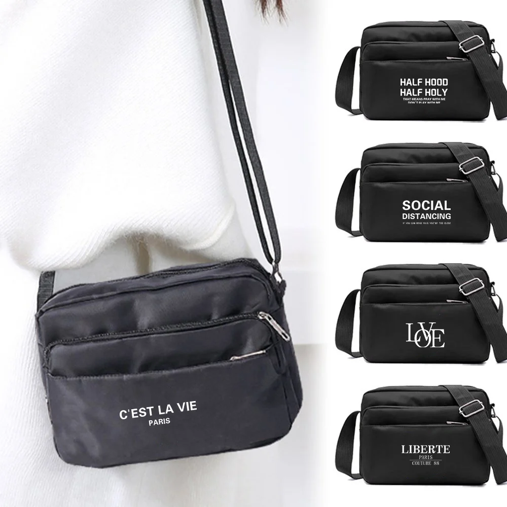 

Commute Crossbody Bag Large Capacity Text Print Weekend Travel Storage Bag Multi-layer Adjustable Strap Shopping Shoulder Bag