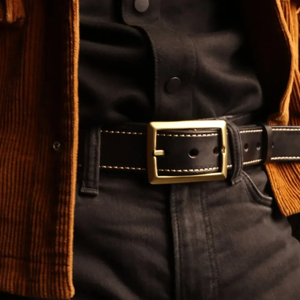 ファッショナブルなレトロメンズ厚手牛革両面ベルト、真鍮製、トレンディなワークウェアジーンズベルト、幅38mm