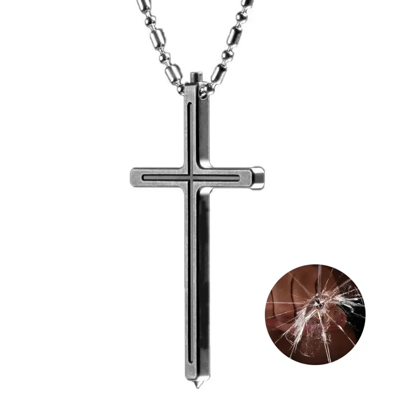 

NEW EDC Outdoor Portable Pectoral Cross Necklace Window Breaker Portable Tactical Women Anti-wolf Self-defense Tools