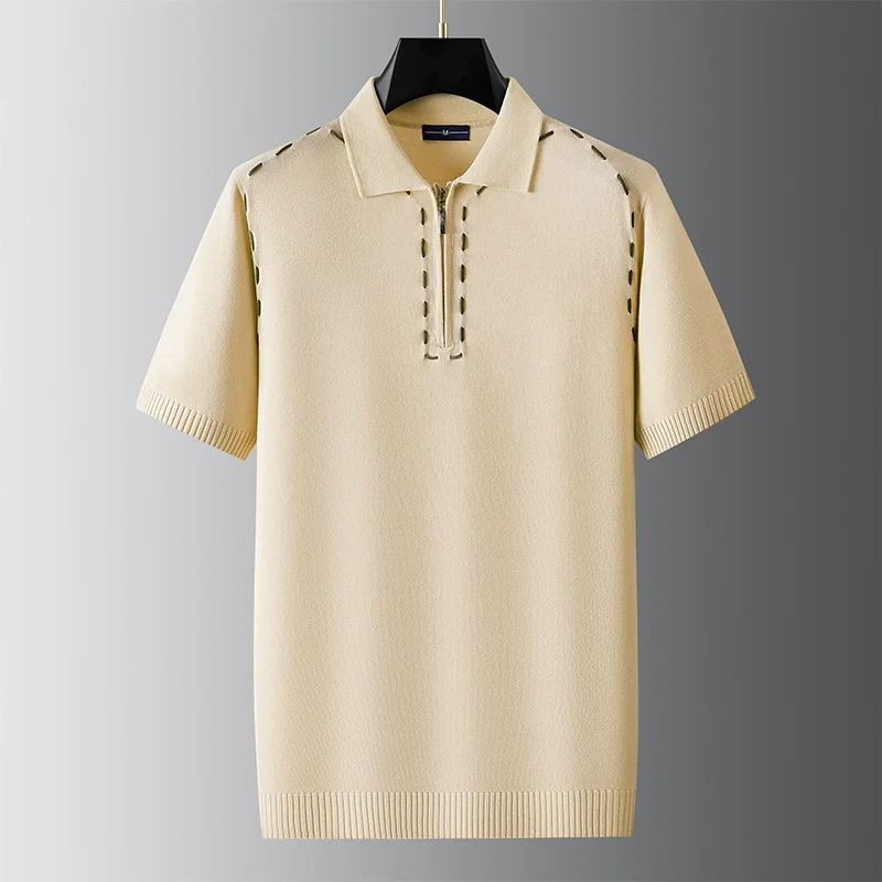 Designer Trendy Knitted Men's Polo Shirts Short Sleeve All Match Summer New Quality Viscose Blend Elastic Zipper Polos De Hombre